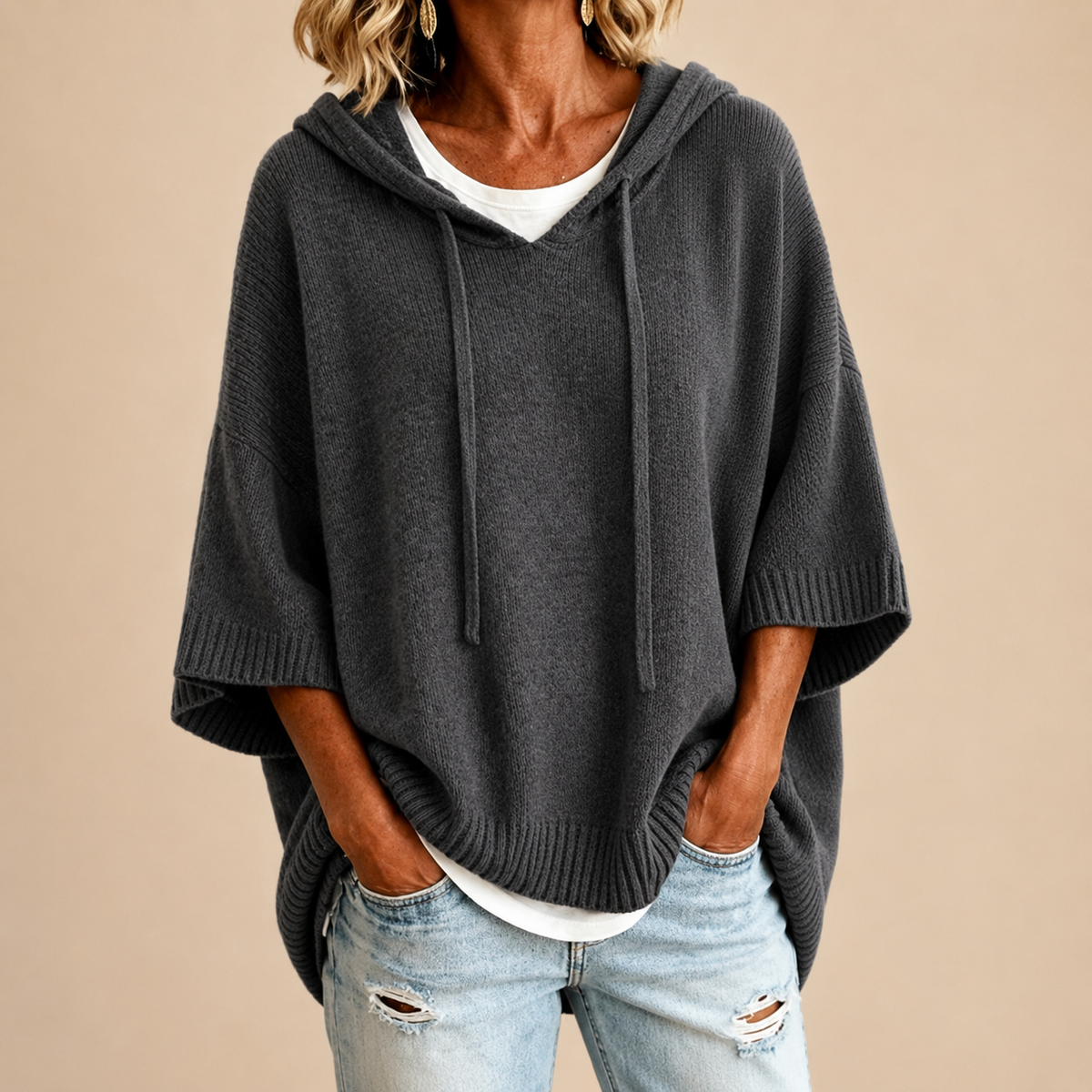 Ottavia | Poncho de Punto con Capucha y Manga Tres Cuartos
