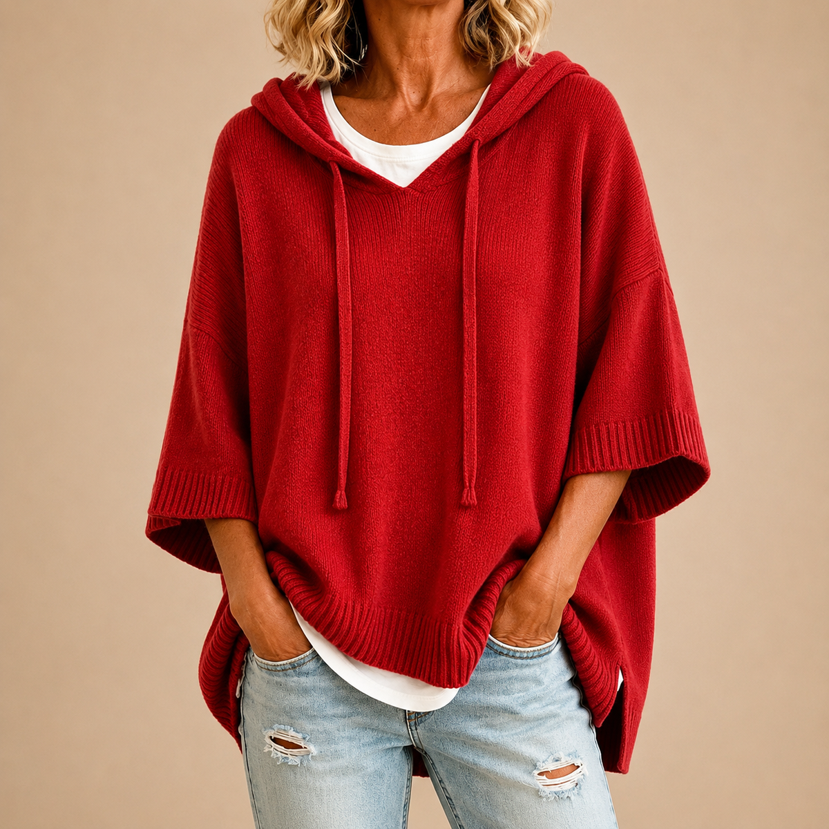 Ottavia | Poncho de Punto con Capucha y Manga Tres Cuartos