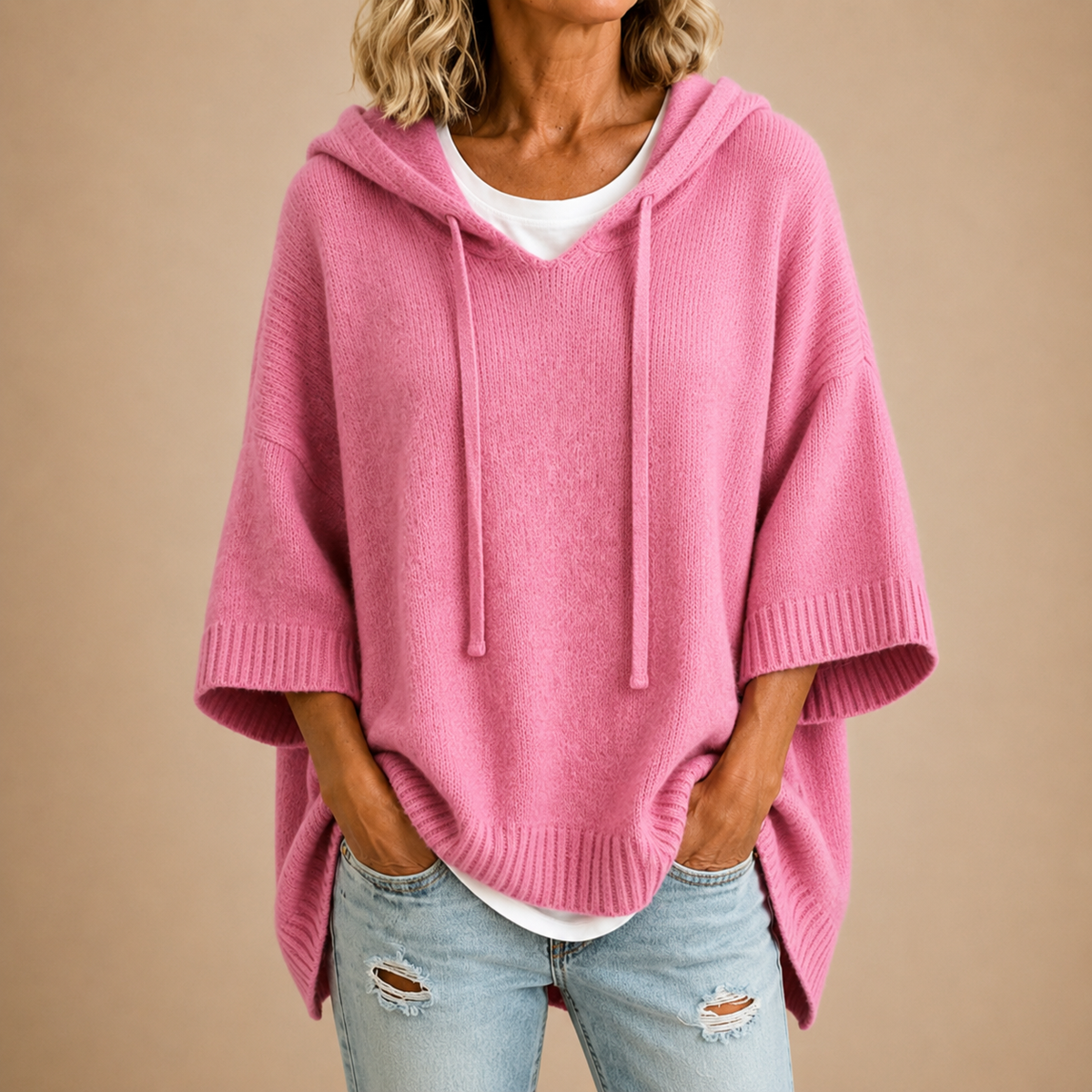 Ottavia | Poncho de Punto con Capucha y Manga Tres Cuartos