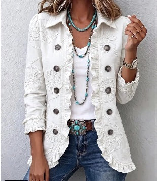 Isabella | Chaqueta boho-chic marfil bordada con volantes