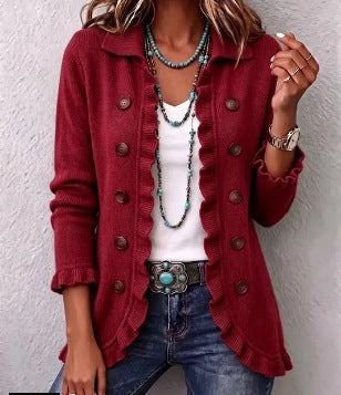 Isabella | Chaqueta de canalé roja rubí con volantes