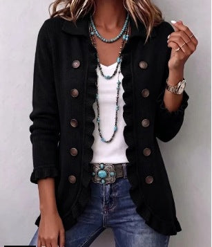 Isabella | Chaqueta de canalé negra con volantes